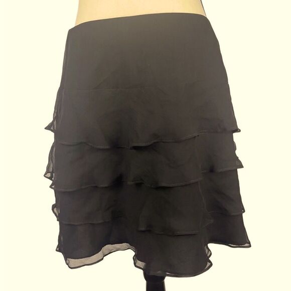 Drew Anthropologie 100% silk black sheer ruffled mini skirt sz 10 side zipper - Picture 1 of 11